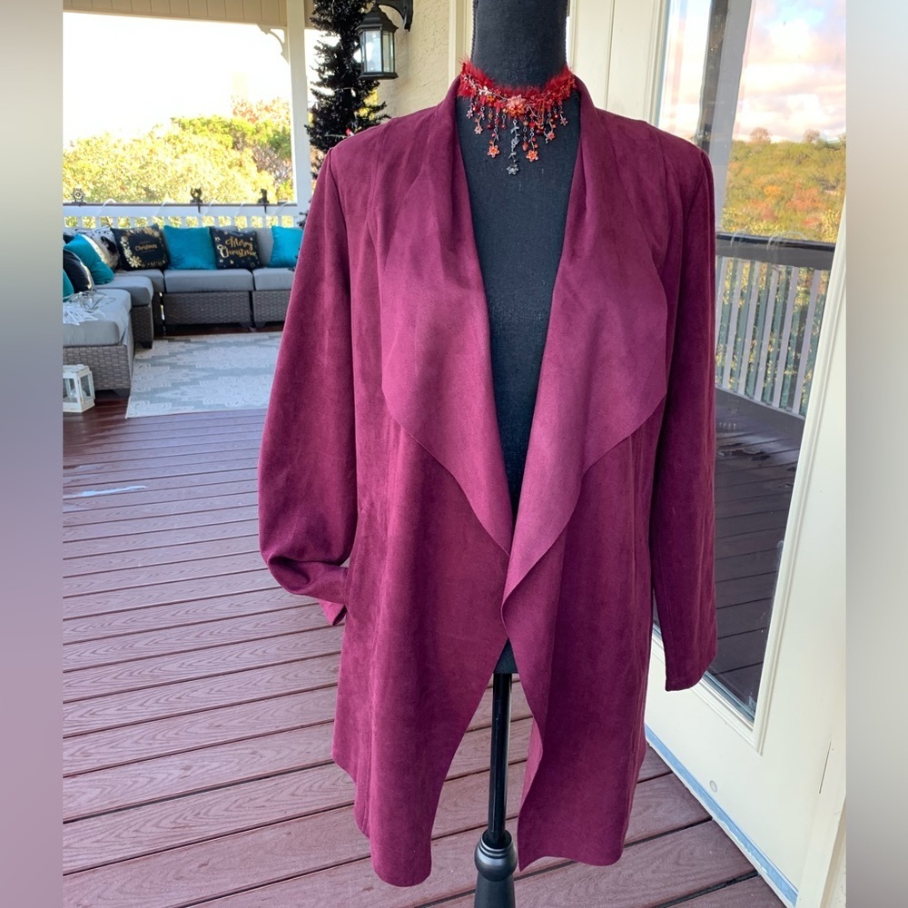 Chico’s Burgundy Faux Suede Open Cardigan